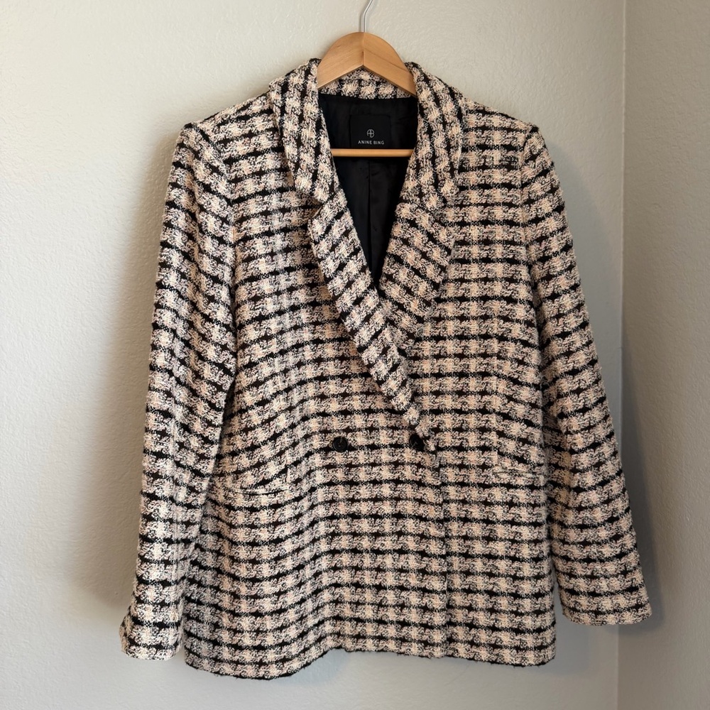 Anine Bing Diana Double Breasted Relaxed Fit Blazer in Apricot Tweed, X-Large - Picture 2 of 16